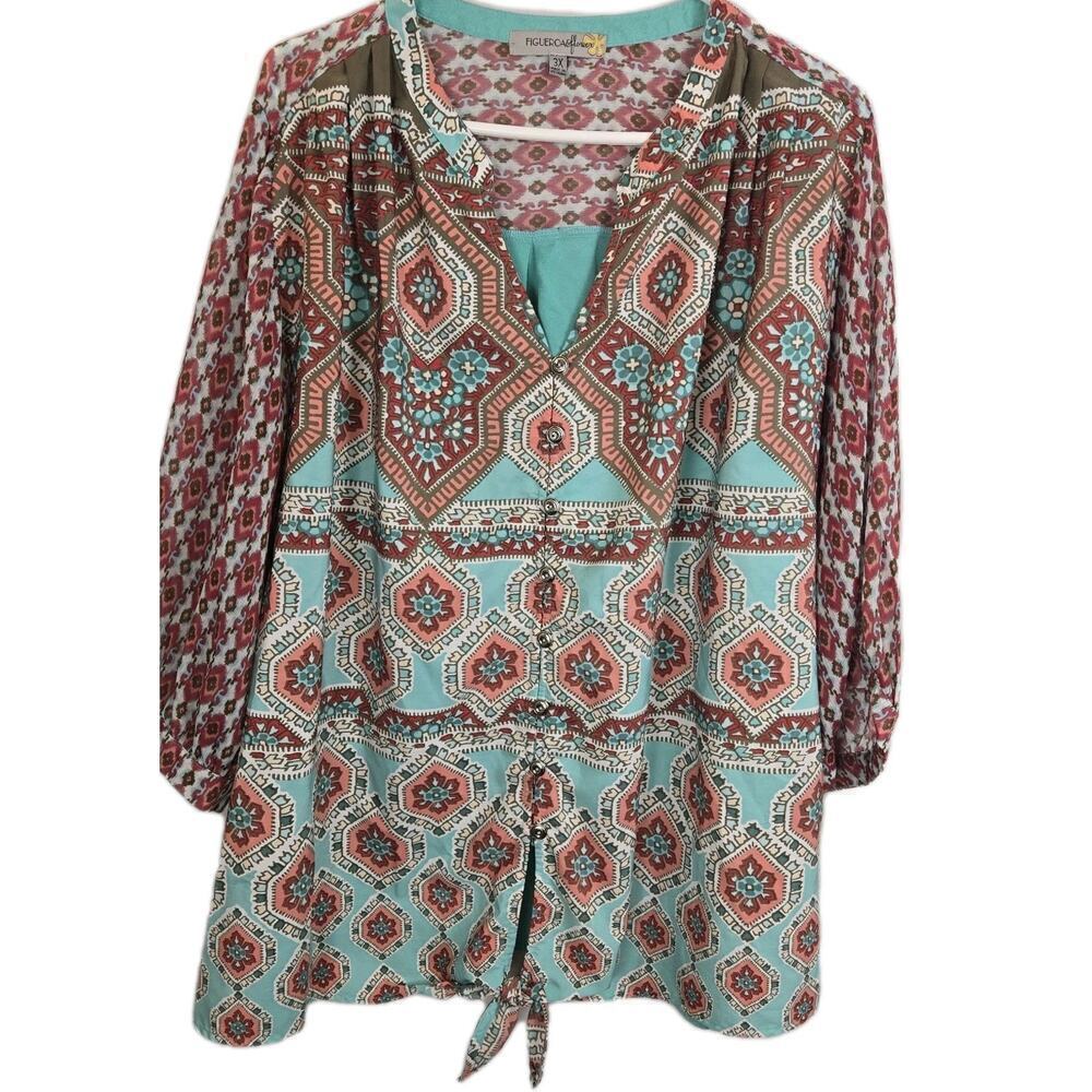 Figueroa Flower Top Women’s 3X Boho Hippie Retro Artsy Funky Patchwork Teal Pink